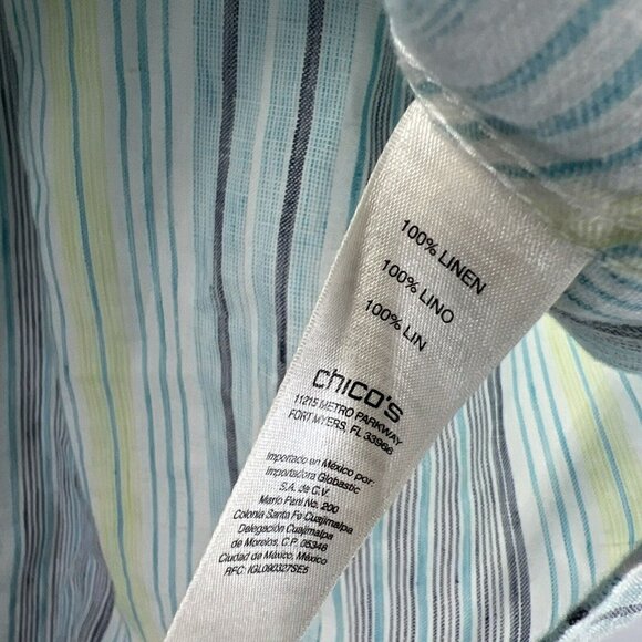Chico's Women's Tunic Blouse Size Large Linen Blue Green Stripe 100% No Iron 3/4 - Picture 5 of 8
